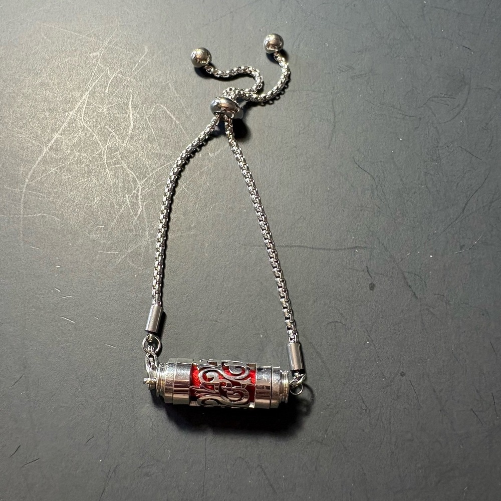 Silver Tone Adjustable Slider Bracelet Cutout Cylinder Red Stone Accent Boho